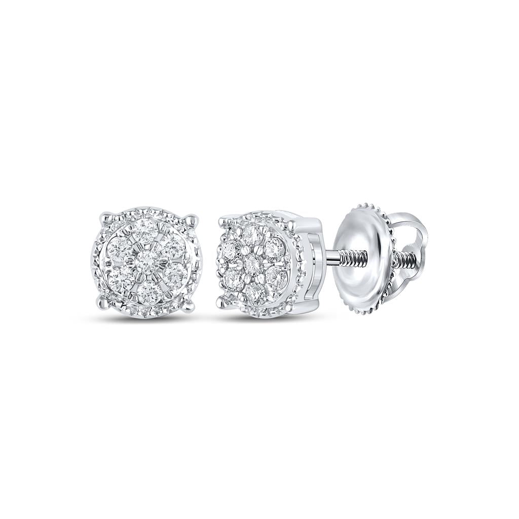 14k White Gold Round Diamond Flower Cluster Earrings 1/6 Cttw