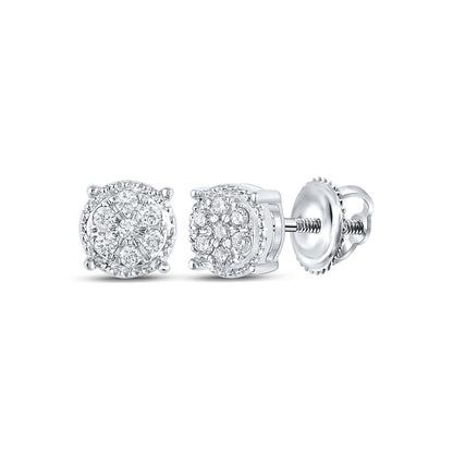14k White Gold Round Diamond Flower Cluster Earrings 1/6 Cttw