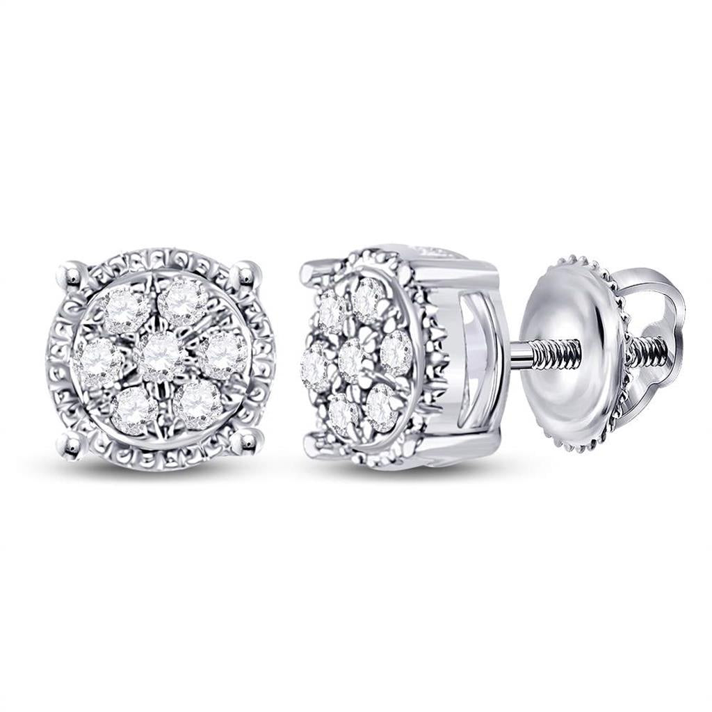 14k White Gold Round Diamond Flower Cluster Earrings 1/6 Cttw