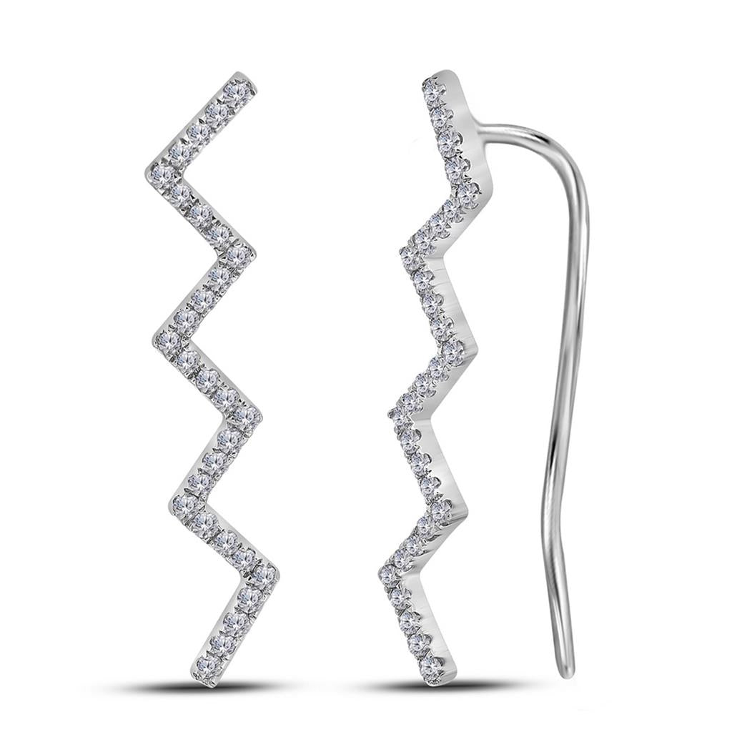 14k White Gold Round Diamond Zig Zag Climber Earrings 1/6 Cttw