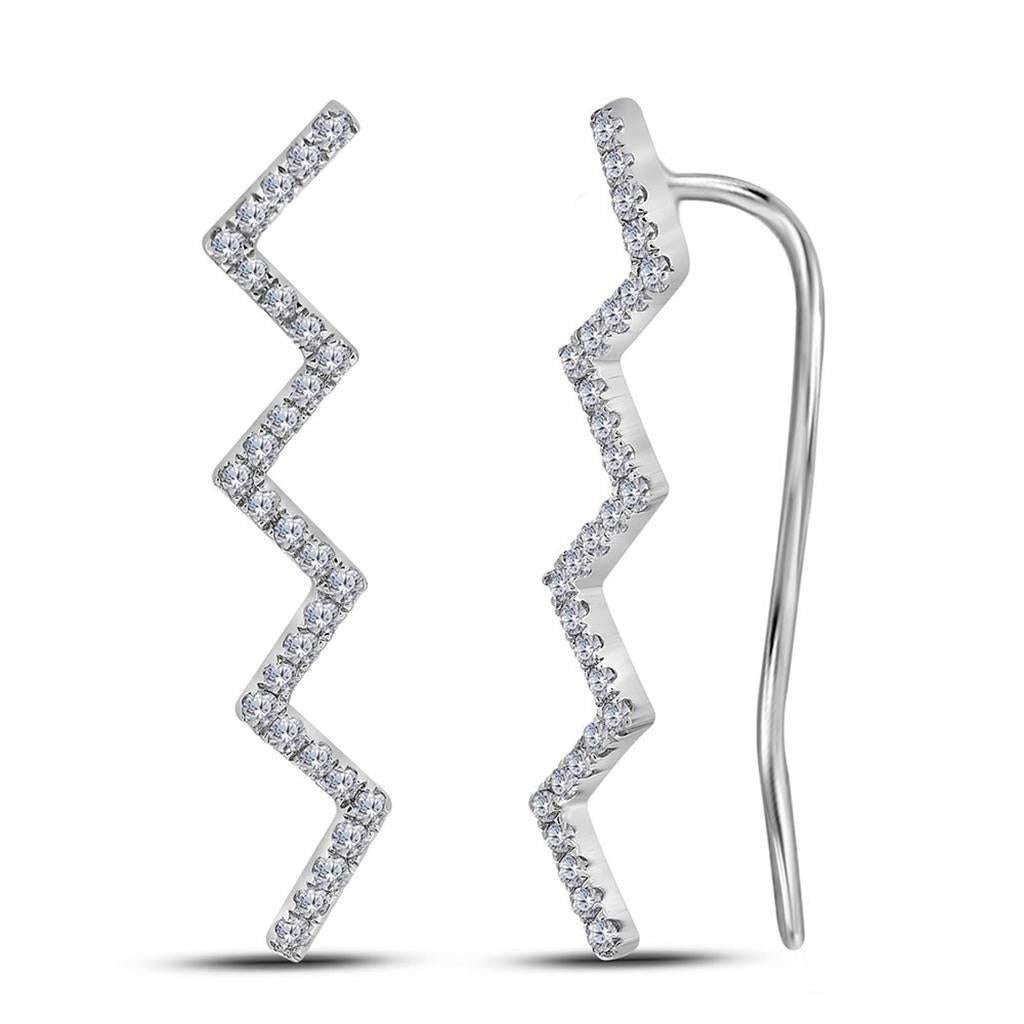 14k White Gold Round Diamond Zig Zag Climber Earrings 1/6 Cttw