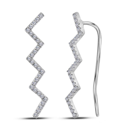 14k White Gold Round Diamond Zig Zag Climber Earrings 1/6 Cttw
