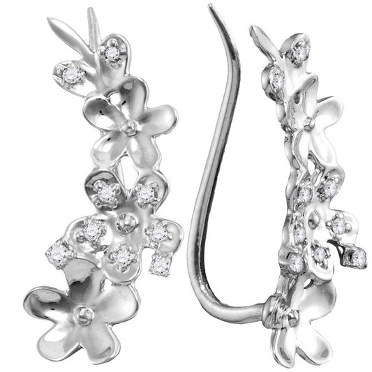 14k White Gold Round Diamond Floral Climber Earrings 1/10 Cttw