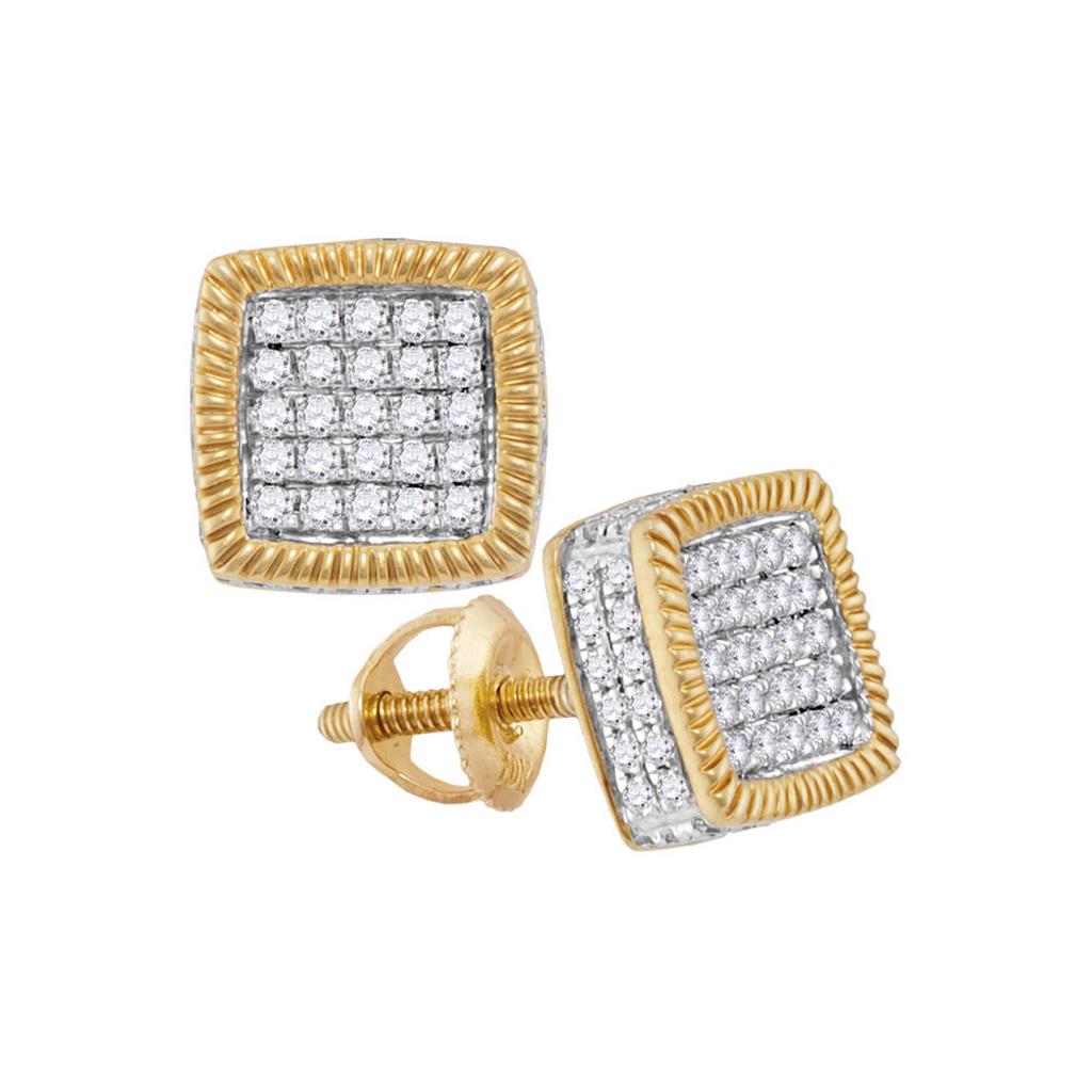 10k Yellow Gold Round Diamond Fluted Square Cluster Stud Earrings 1/2 Cttw