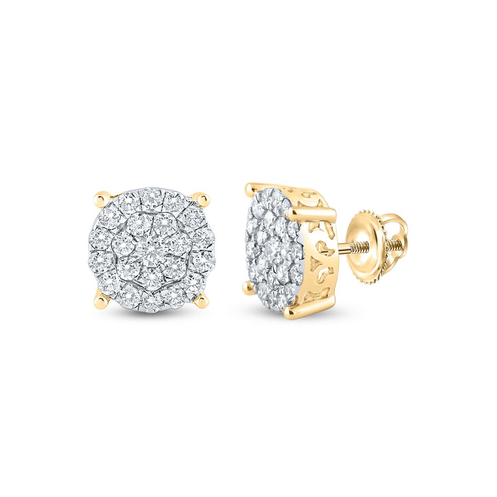14k Yellow Gold Round Diamond Cluster Earrings 1-1/2 Cttw