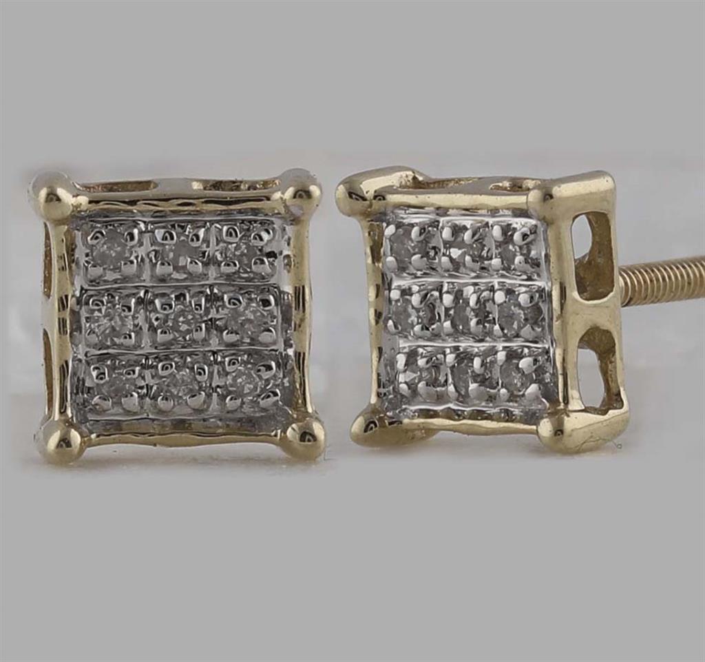 10k Yellow Gold Round Diamond Square Earrings 1/20 Cttw