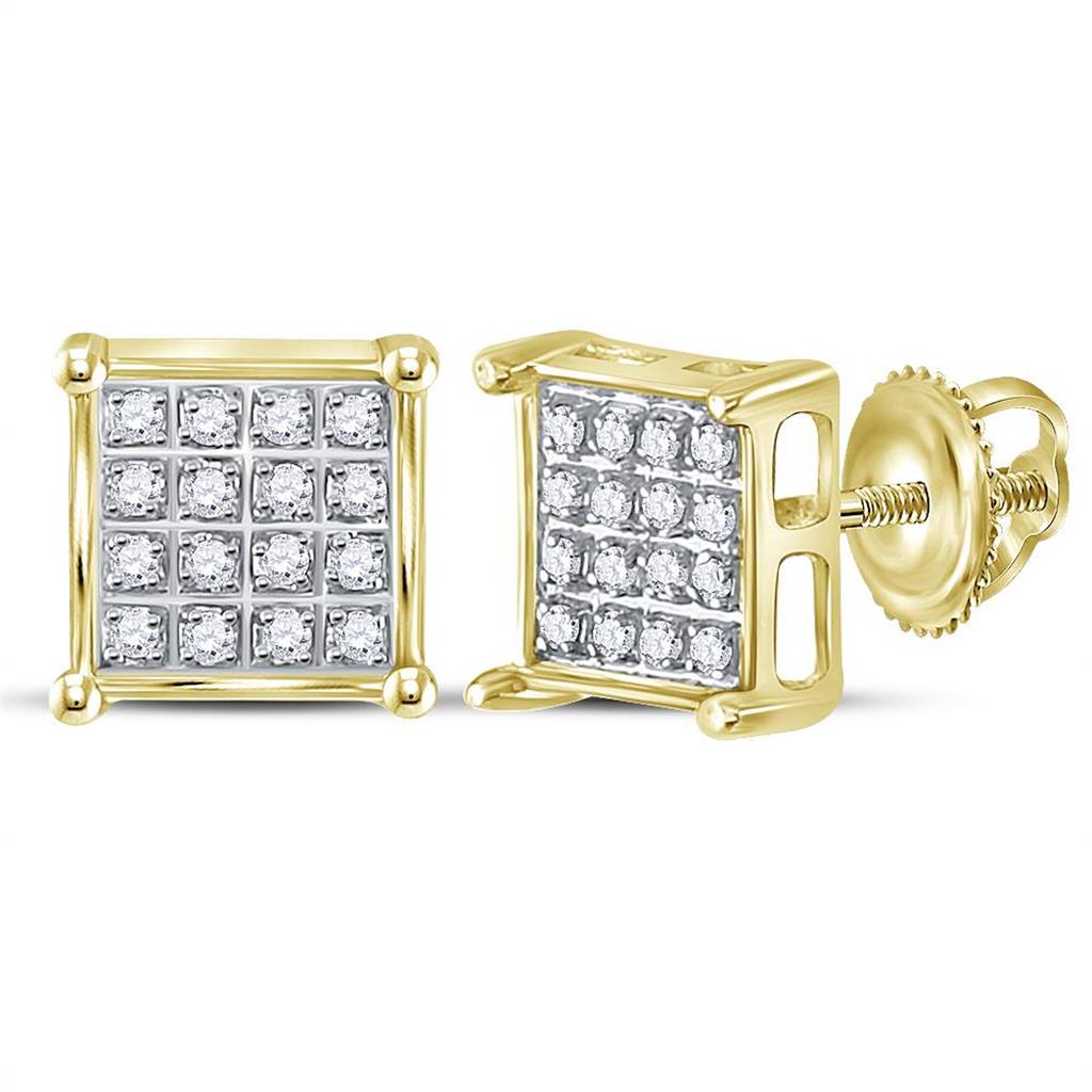 10k Yellow Gold Round Diamond Square Cluster Earrings 1/10 Cttw