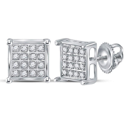 14k White Gold Round Diamond Square Cluster Earrings 1/10 Cttw