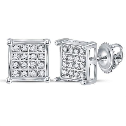 14k White Gold Round Diamond Square Cluster Earrings 1/10 Cttw