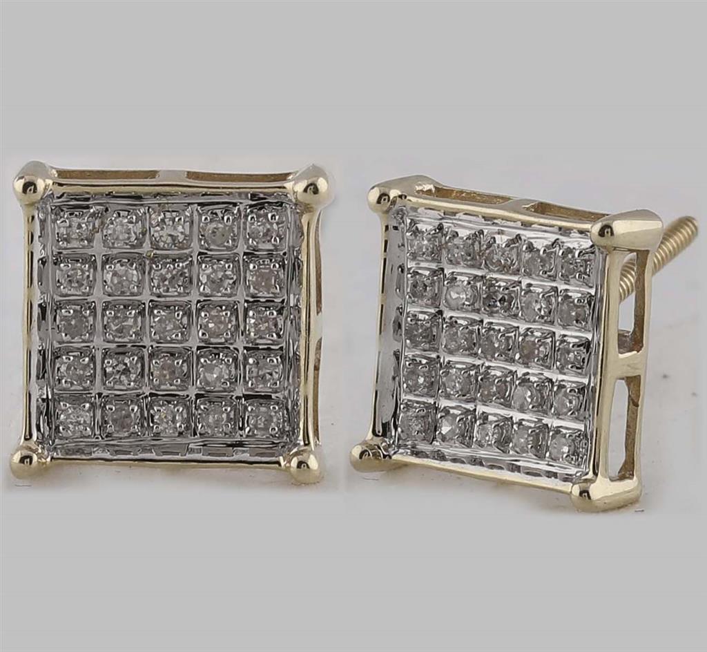 10k Yellow Gold Round Diamond Square Cluster Earrings 1/6 Cttw
