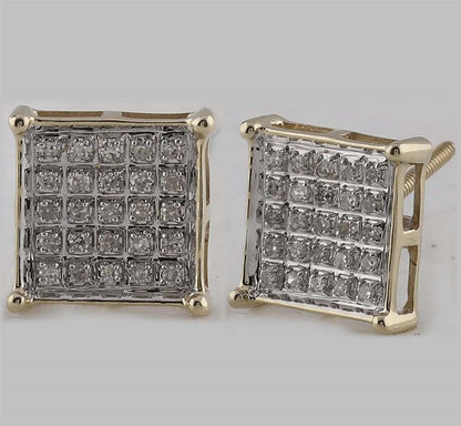 10k Yellow Gold Round Diamond Square Cluster Earrings 1/6 Cttw