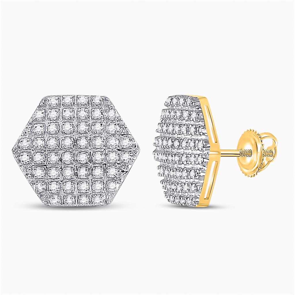 10k Yellow Gold Round Diamond Hexagon Stud Earrings 1/3 Cttw