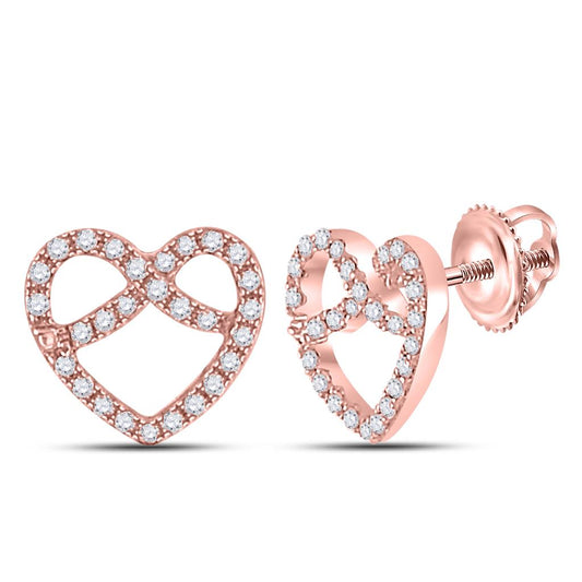 10k Rose Gold Round Diamond Pretzel Heart Earrings 1/6 Cttw