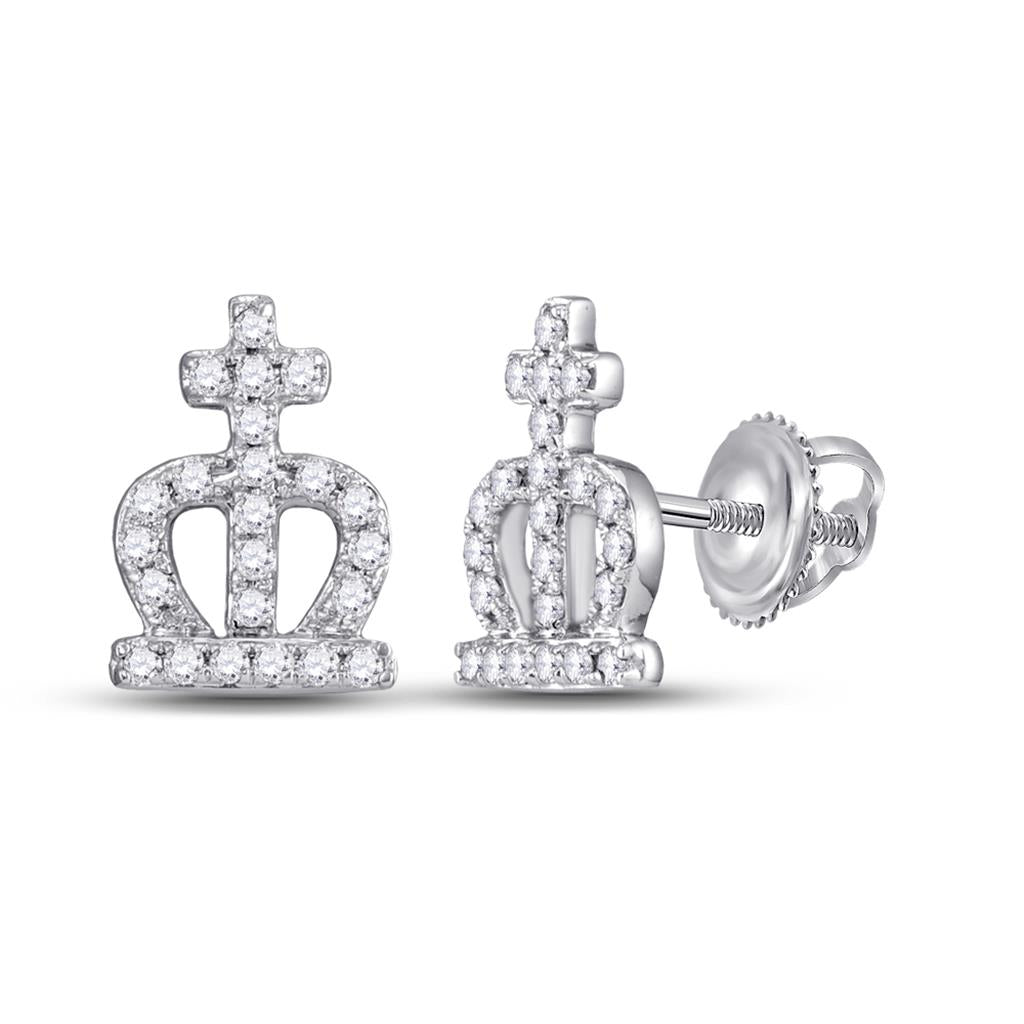 14k White Gold Round Diamond Crown Cross Stud Earrings 1/6 Cttw