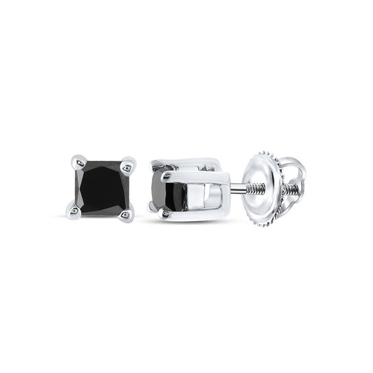14k White Gold Black Princess Solitaire Diamond Stud Earrings 1/4 Cttw