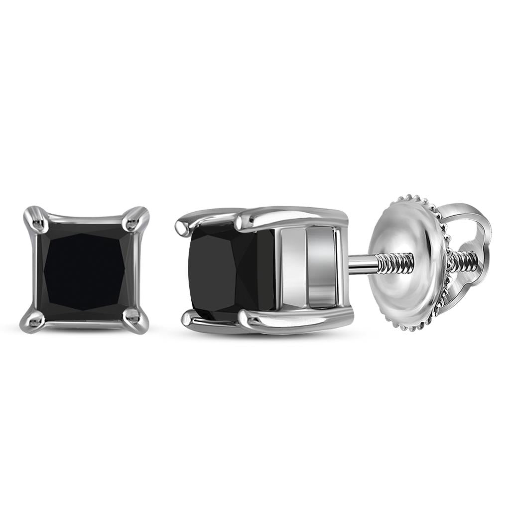 14k White Gold Princess Black Diamond Solitaire Earrings 1 Cttw