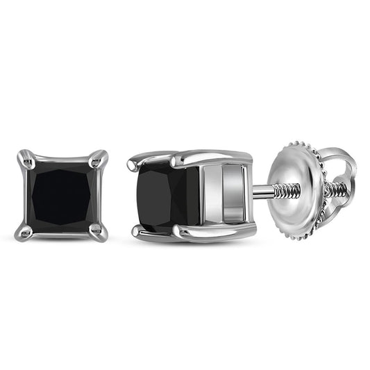 14k White Gold Princess Black Diamond Solitaire Earrings 1 Cttw