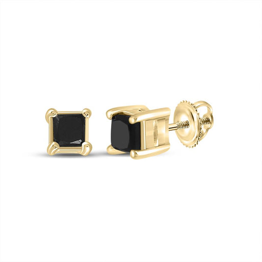 10k Yellow Gold Princess Black Diamond Solitaire Earrings 3/4 Cttw