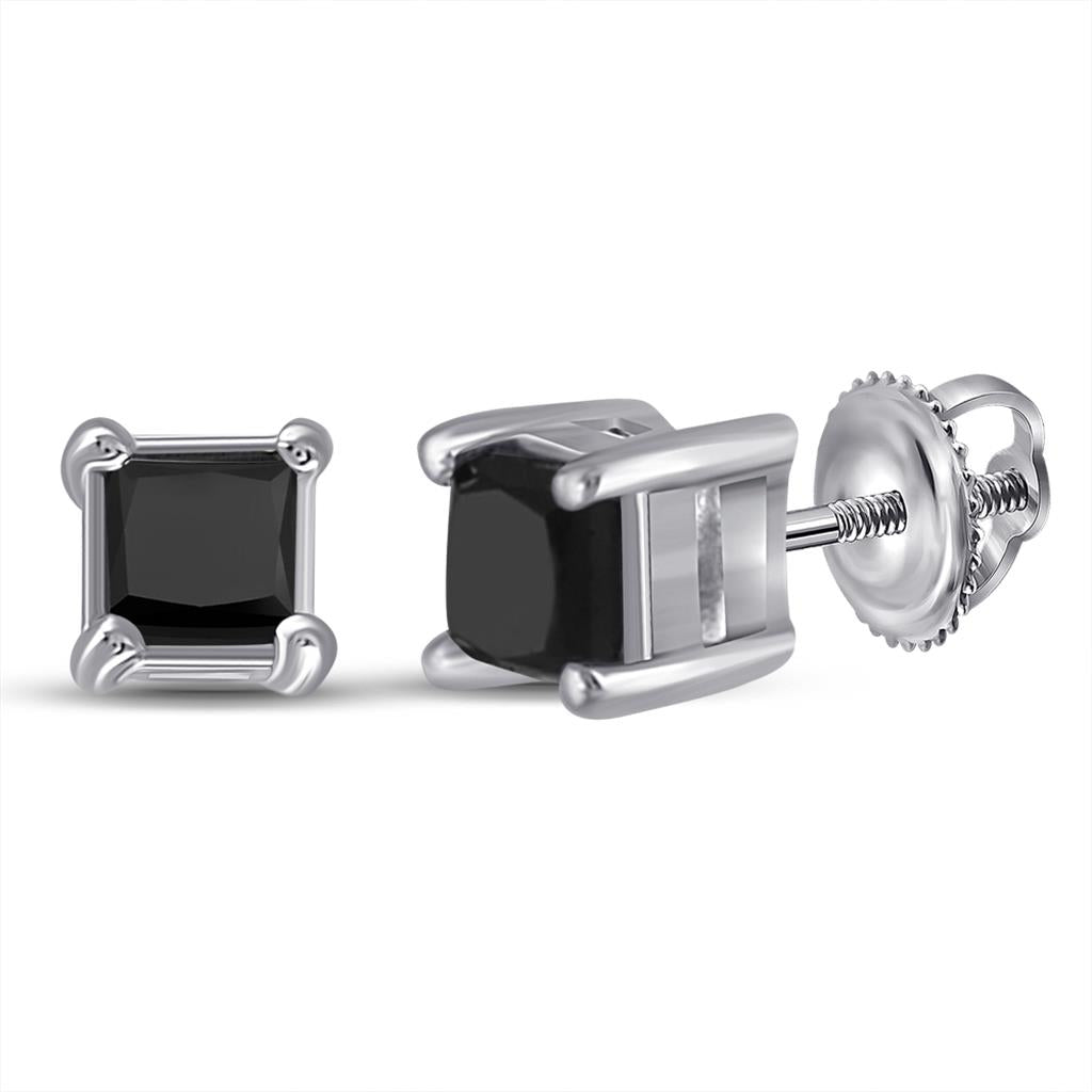 14k White Gold Princess Black Diamond Solitaire Earrings 3/4 Cttw