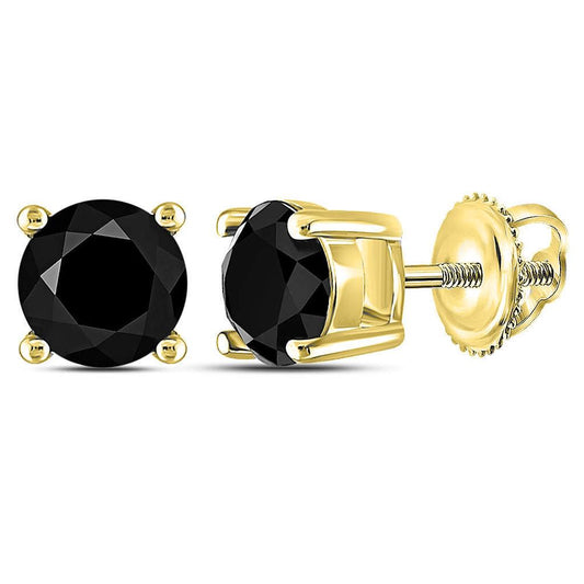 14k Yellow Gold Round Black Diamond Solitaire Stud Earrings 1-1/2 Cttw