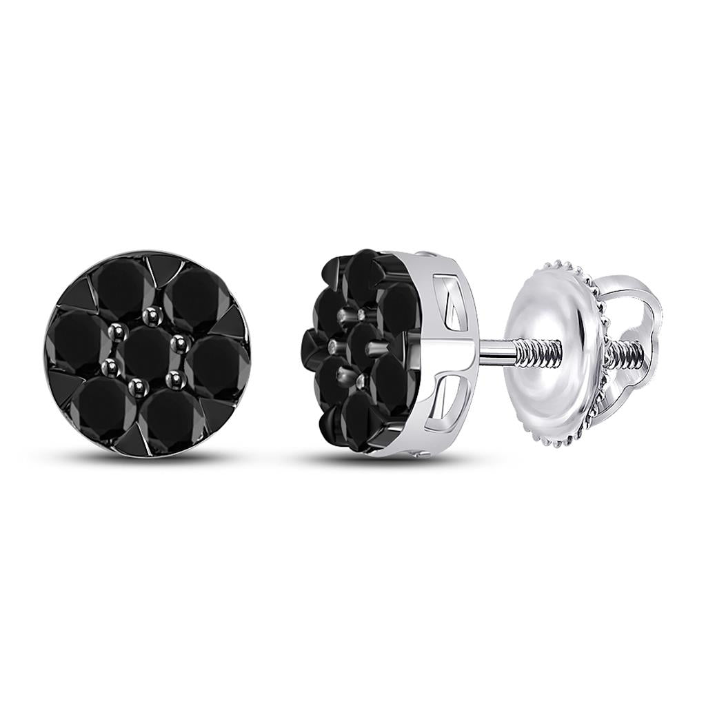 14k White Gold Round Black Diamond Cluster Earrings 3/8 Cttw