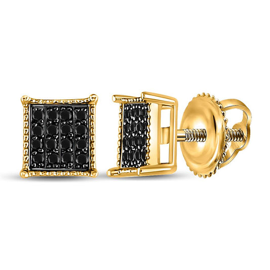 10k Yellow Gold Round Black Diamond Square Stud Earrings 1/10 Cttw