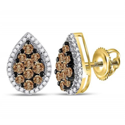 10k Yellow Gold Brown Diamond Teardrop Cluster Earrings 1 Cttw