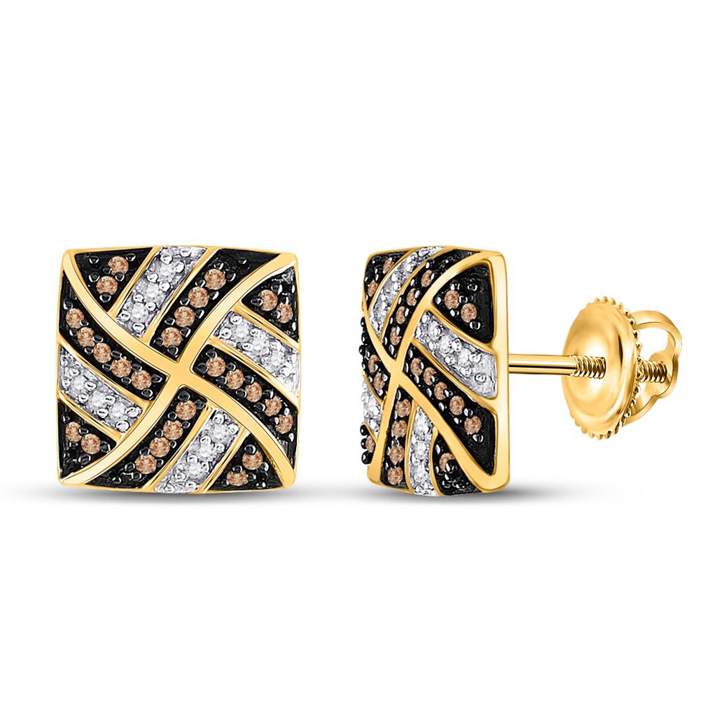 10k Yellow Gold Brown Diamond Square Pinwheel Earrings 1/4 Cttw