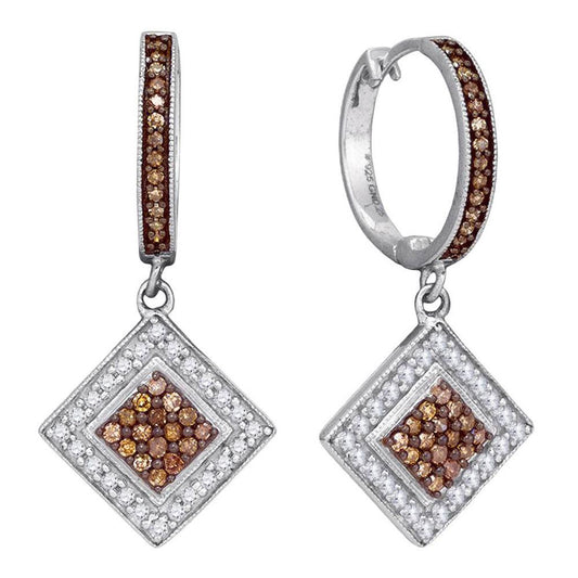 14k White Gold Brown Diamond Diagonal Square Dangle Earrings 1/2 Cttw