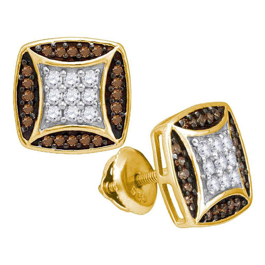 10k Yellow Gold Brown Diamond Square Cluster Earrings 1/2 Cttw