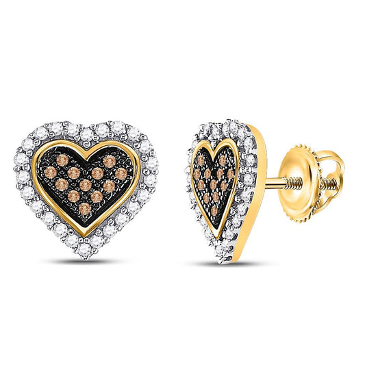 10k Yellow Gold Brown Diamond Heart Cluster Earrings 1/4 Cttw