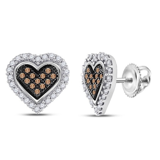 14k White Gold Brown Diamond Heart Cluster Earrings 1/4 Cttw