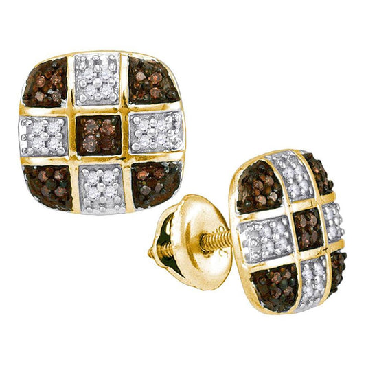 10k Yellow Gold Brown Diamond Checkered Square Earrings 1/4 Cttw