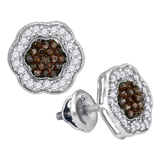 14k White Gold Brown Diamond Polygon Cluster Earrings 1/2 Cttw