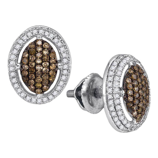 14k White Gold Brown Diamond Oval Cluster Earrings 1/2 Cttw