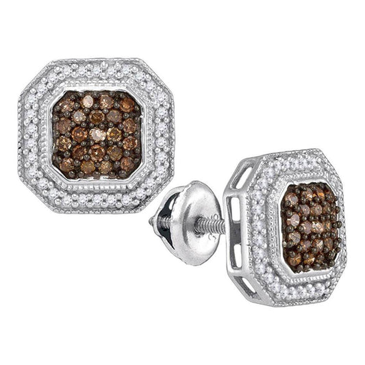 14k White Gold Brown Diamond Square-shape Halo Stud Earrings