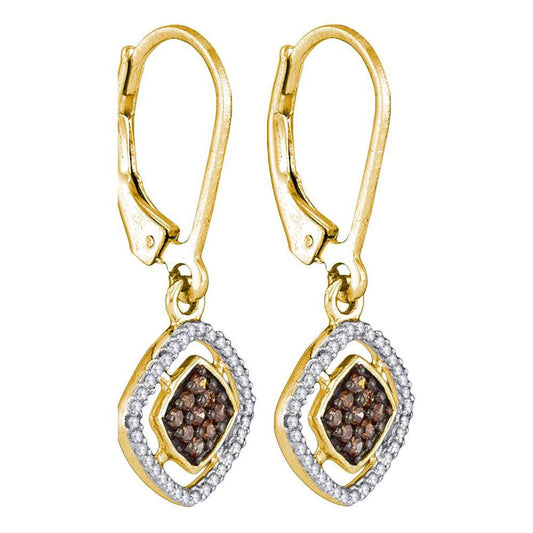 10k Yellow Gold Brown Diamond Diagonal Square Dangle Earrings 1/3 Cttw