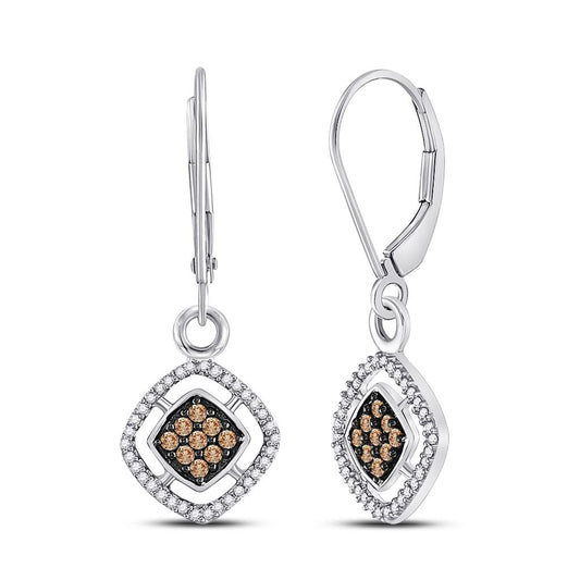 14k White Gold Brown Diamond Diagonal Square Dangle Earrings 1/3 Cttw
