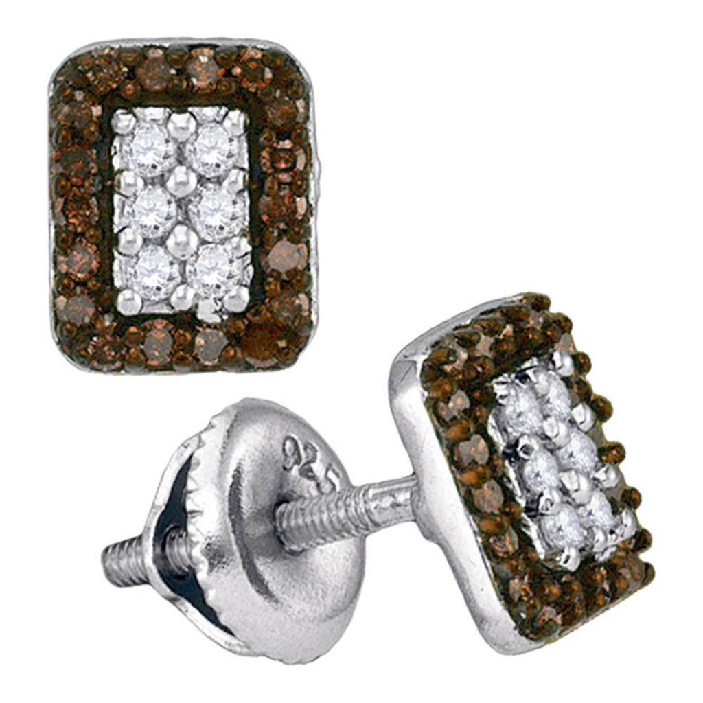 14k White Gold Round Brown Diamond Rectangle Cluster Earrings 1/3 Cttw