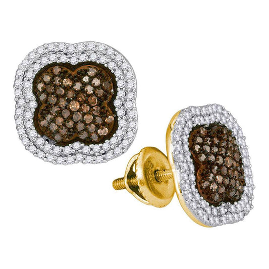 10k Yellow Gold Brown Diamond Quatrefoil Cluster Earrings 3/4 Cttw