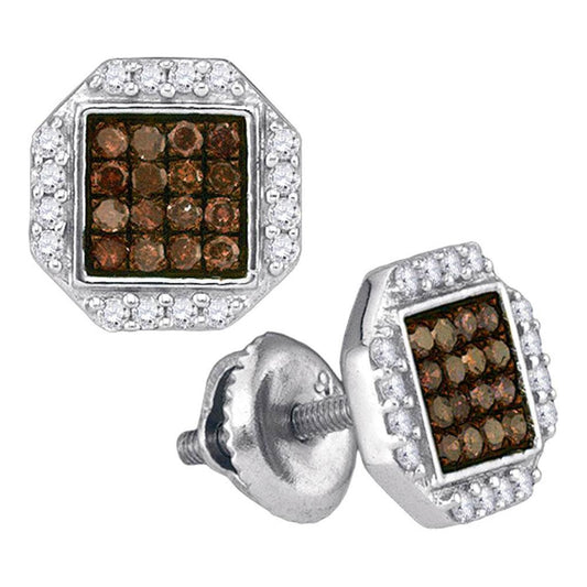 14k White Gold Brown Diamond Octagon Cluster Earrings 3/8 Cttw