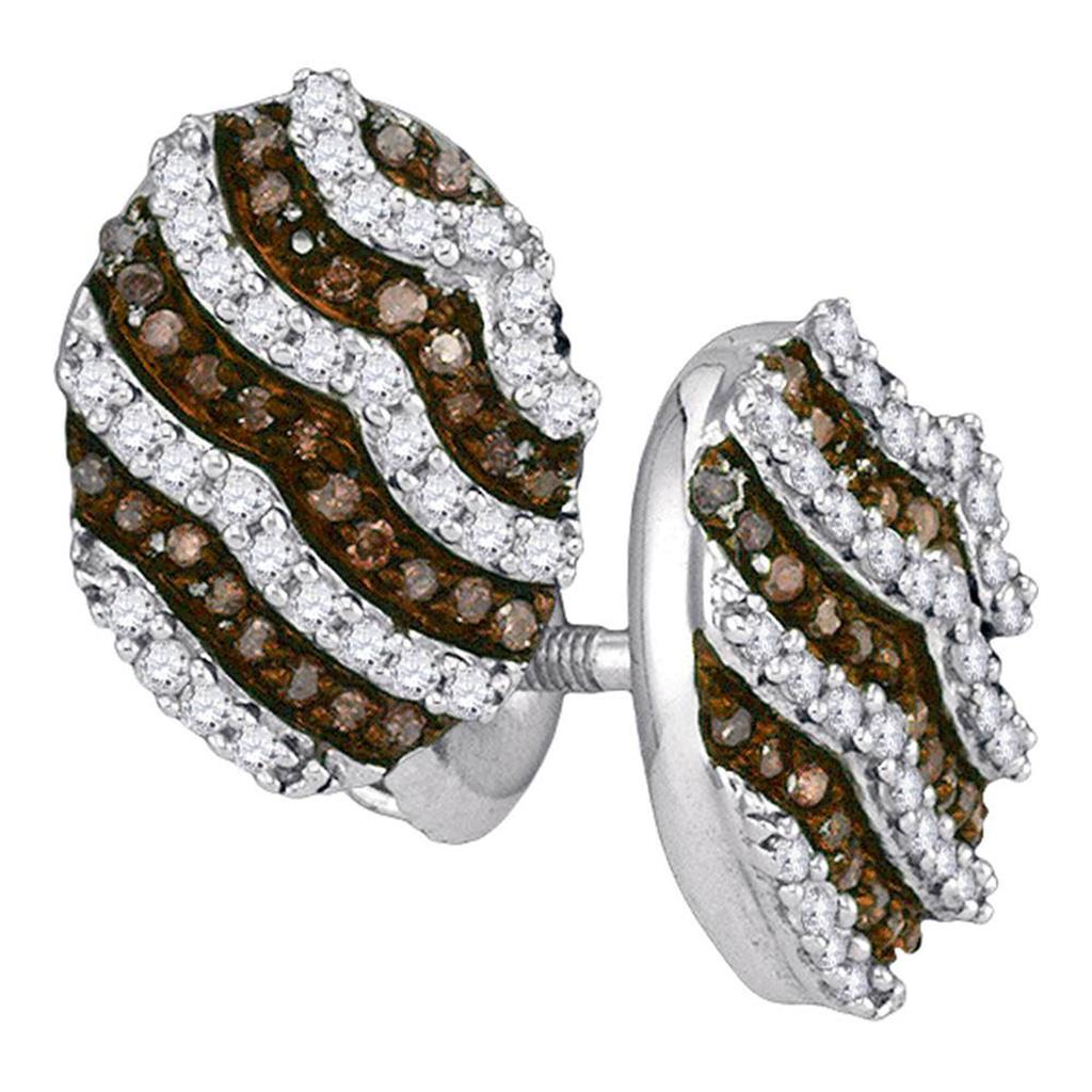 14k White Gold Round Brown Diamond Striped Oval Earrings 1/2 Cttw