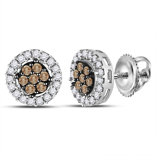 14k White Gold Brown Diamond Flower Cluster Stud Earrings 1/4 Cttw