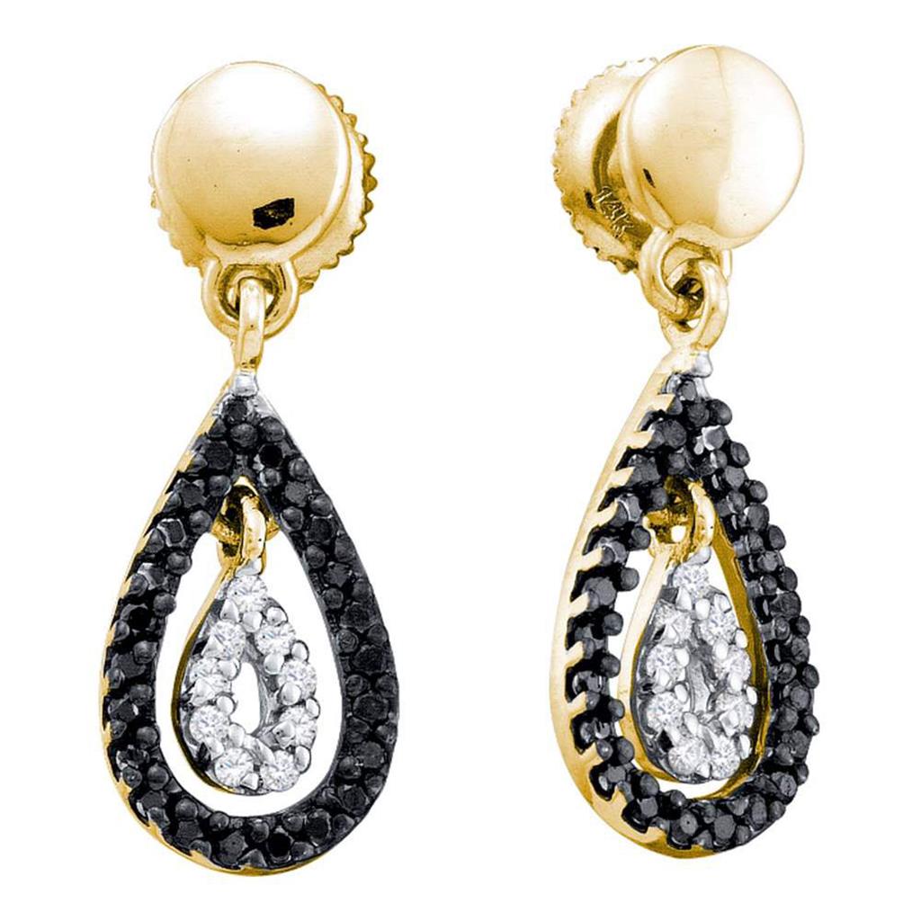 14k Yellow Gold Black Diamond Teardrop Dangle Earrings 1/3 Cttw