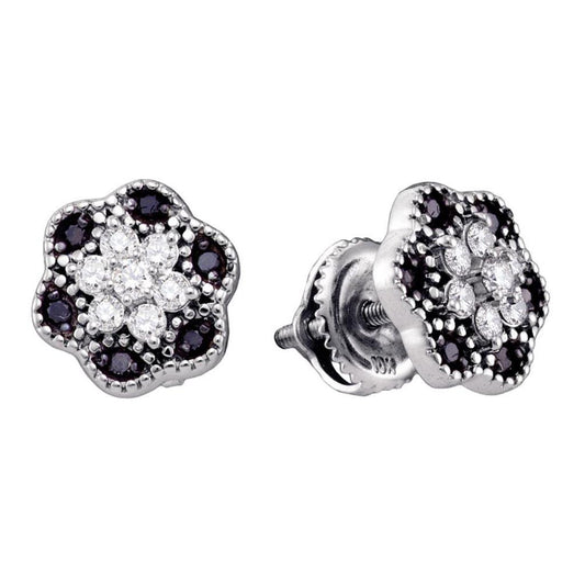 14k White Gold Black Diamond Flower Cluster Stud Earrings 1/3 Cttw