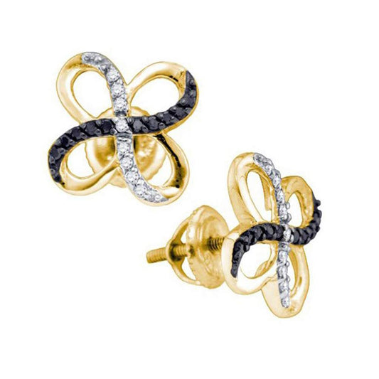 10k Yellow Gold Round Black Diamond Pinwheel Stud Earrings 1/5 Cttw