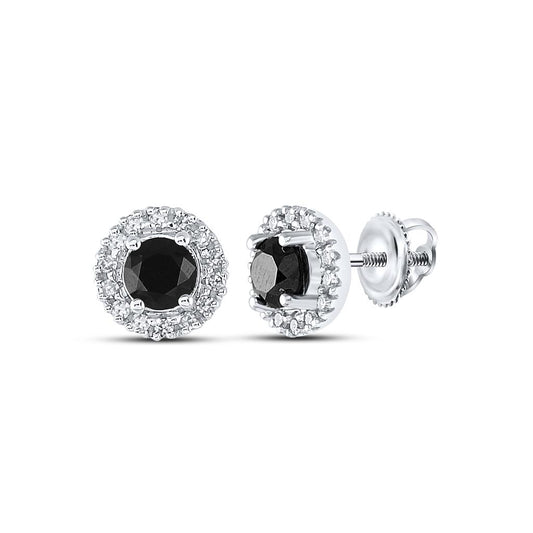 14k White Gold Round Black Diamond Stud Earrings 1 Cttw