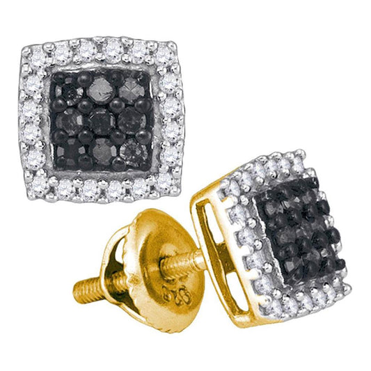 10k Yellow Gold Black Diamond Square Cluster Earrings 1/2 Cttw