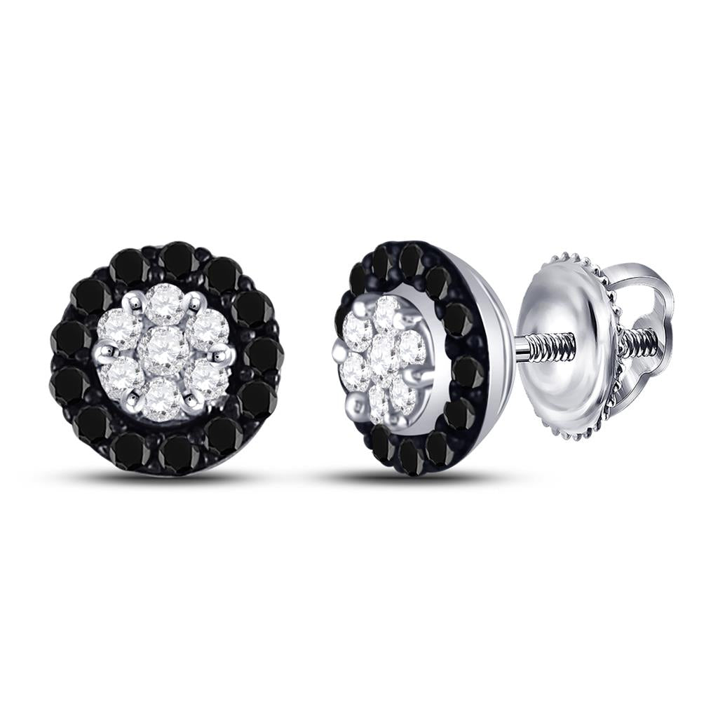 14k White Gold Round Black Diamond Cluster Earrings 1/4 Cttw