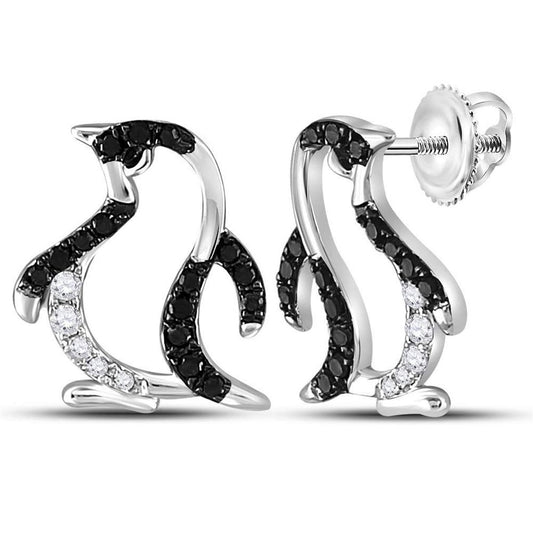 14k White Gold Round Black Diamond Penguin Stud Earrings 1/4 Cttw